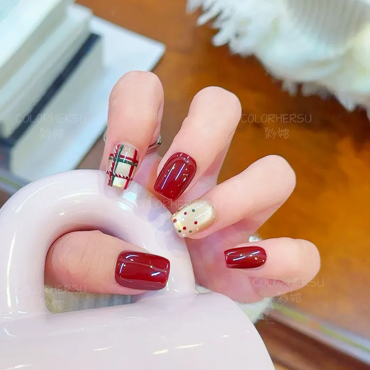 【圣诞礼物】新年元旦圣诞款纯手工新年红波点网格美甲指甲贴片