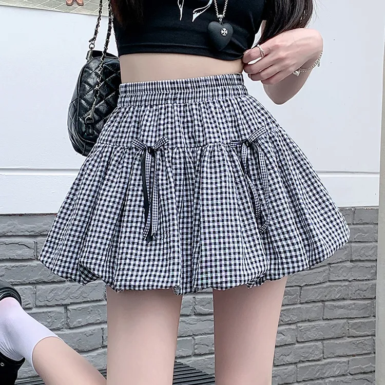 蓬蓬裙半身裙夏季新款女装花苞裙短裙高腰显瘦时尚百搭格子防走光