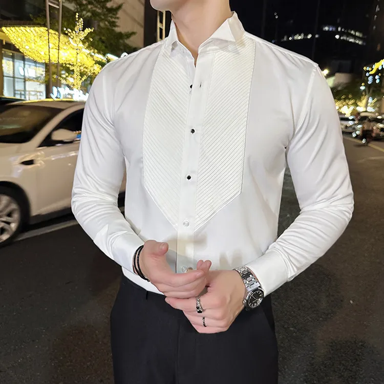 法式翼领礼服衬衫男长袖高级感修身商务正装宴会婚礼风琴褶白衬衣