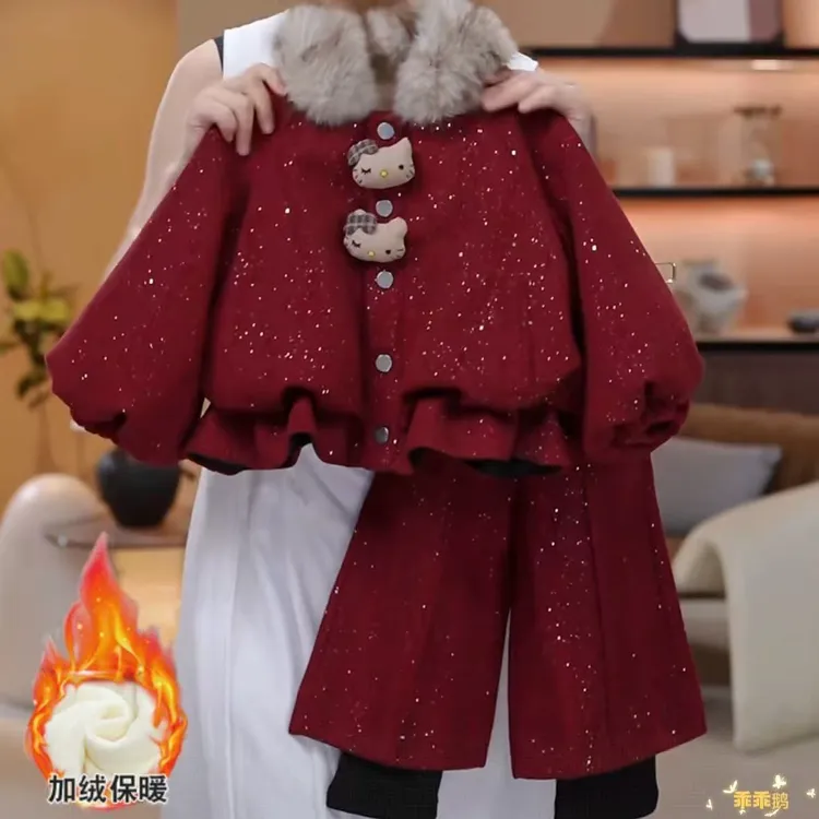 女童冬季新款加绒加厚儿童拜年服套装宝宝洋气时髦三件套过年衣服