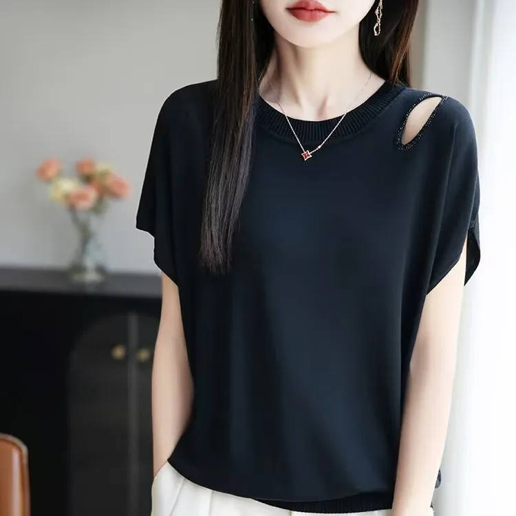 哥弟阿玛施正品冰丝短袖t恤女士新款夏季破洞宽松显瘦上衣针织衫
