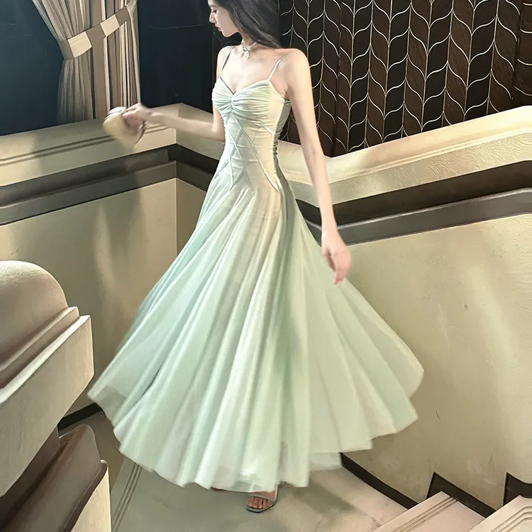 GJFDGood Job【浮光掠影】法式网纱连衣裙绿色仙女裙度假气质长裙