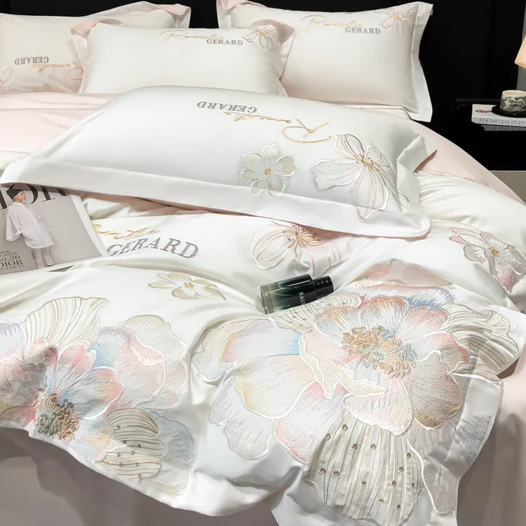 母婴A类100支丝滑长绒棉贡缎四件套全棉纯棉法式刺绣被套床单床品