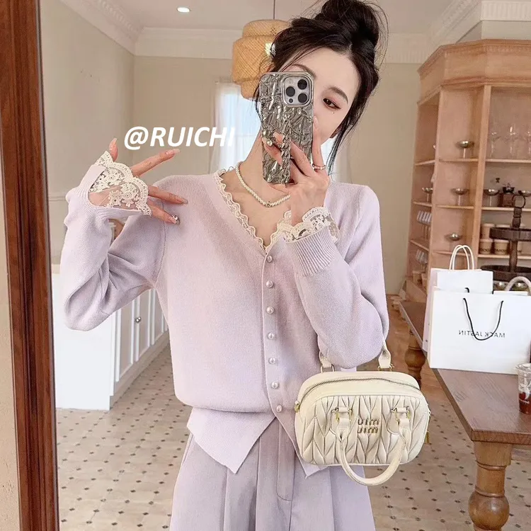 法式慵懒风百搭针织衫秋冬氛围感蕾丝针织衫开衫衫上衣法式