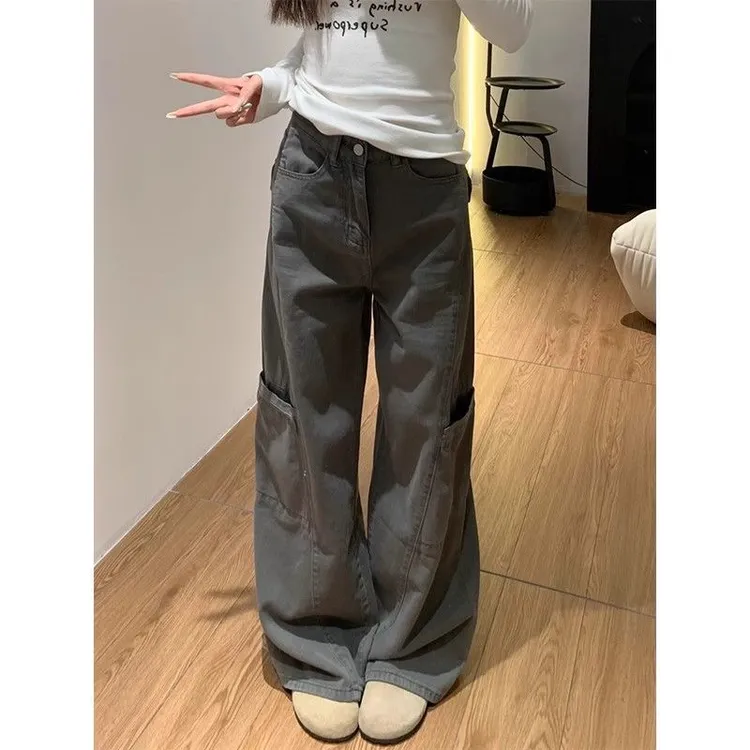 灰色阔腿微喇叭工装牛仔裤女2025早秋季新款宽松显瘦加长拖地裤子