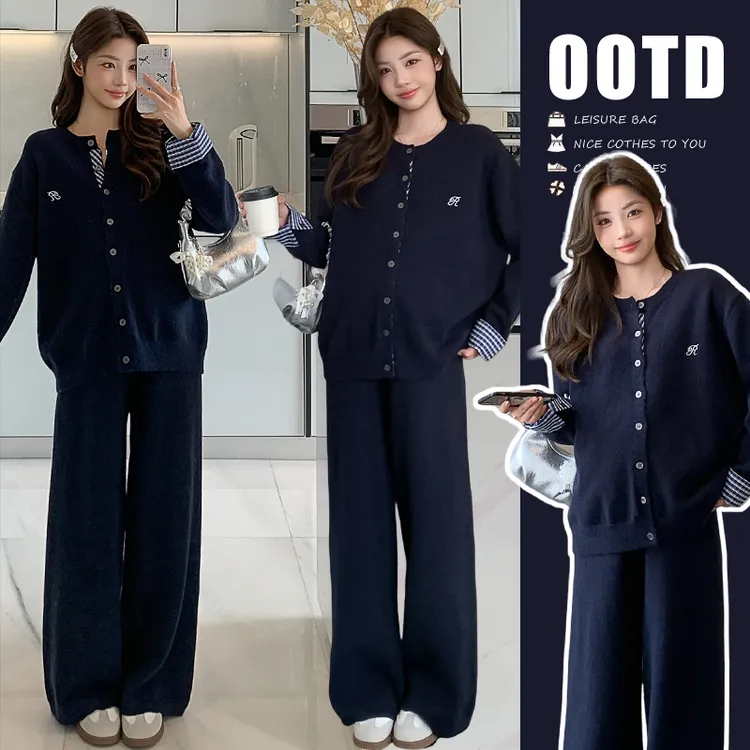 2025冬季新款韩系撞色格子孕妇宽松时尚减龄慵懒风加厚毛衣套装