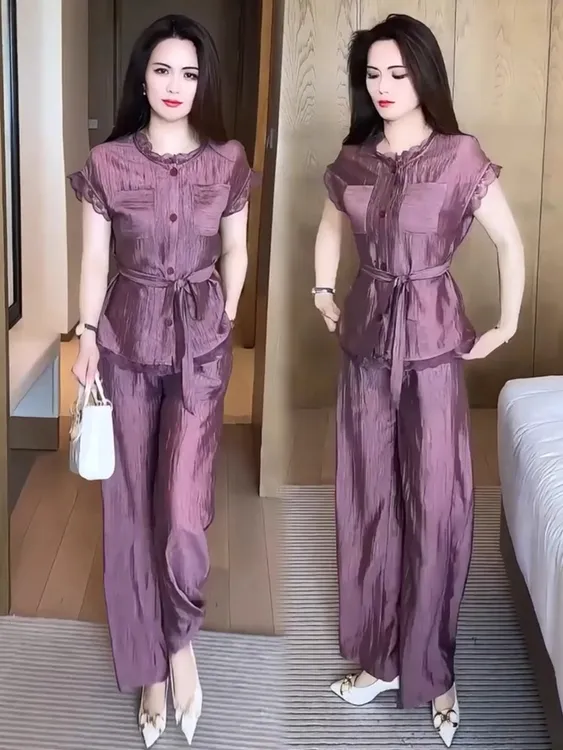 时尚轻奢气质女2025夏季新款洋气蕾丝拼接上衣显瘦阔腿裤两件套潮