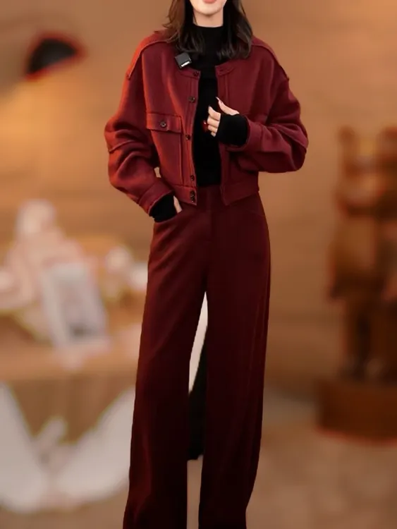 设计感新款优雅显瘦纯色长袖外套+长裤