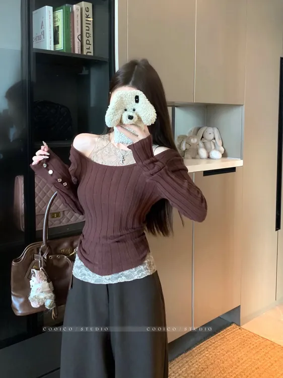 套头毛衣女秋冬慵懒高级感修身上衣独特漂亮减龄咖色针织衫