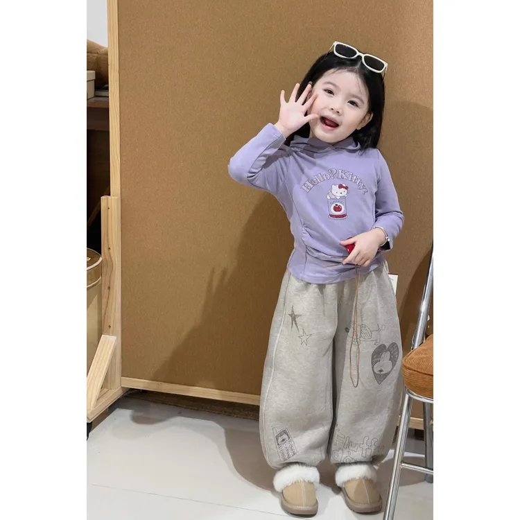 女童春秋套装2025新款儿童卡通印花长袖T恤连帽卫衣运动裤两件套