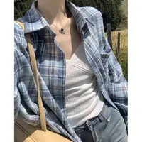 蓝格子宽松长袖衬衫女中长款外套休闲百搭复古韩版秋款秋季设计感