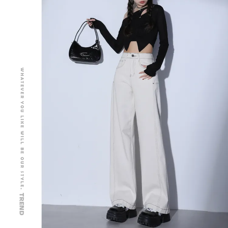 窄版阔腿牛仔裤女春季2025新款高腰白色显瘦小个子垂感直筒拖地裤