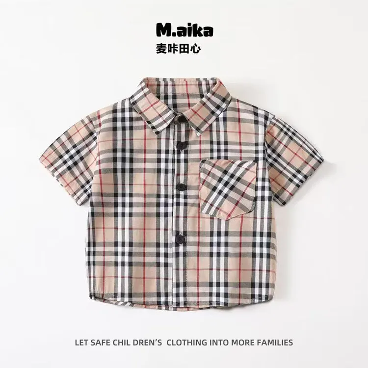 852儿童春夏款纯棉格子衬衫简约大气中小童洋气衬衫