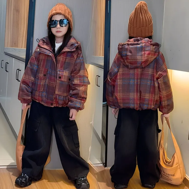 女童冬装套装中大童洋气女孩格子加绒棉衣冬季棉服牛仔裤两件套潮