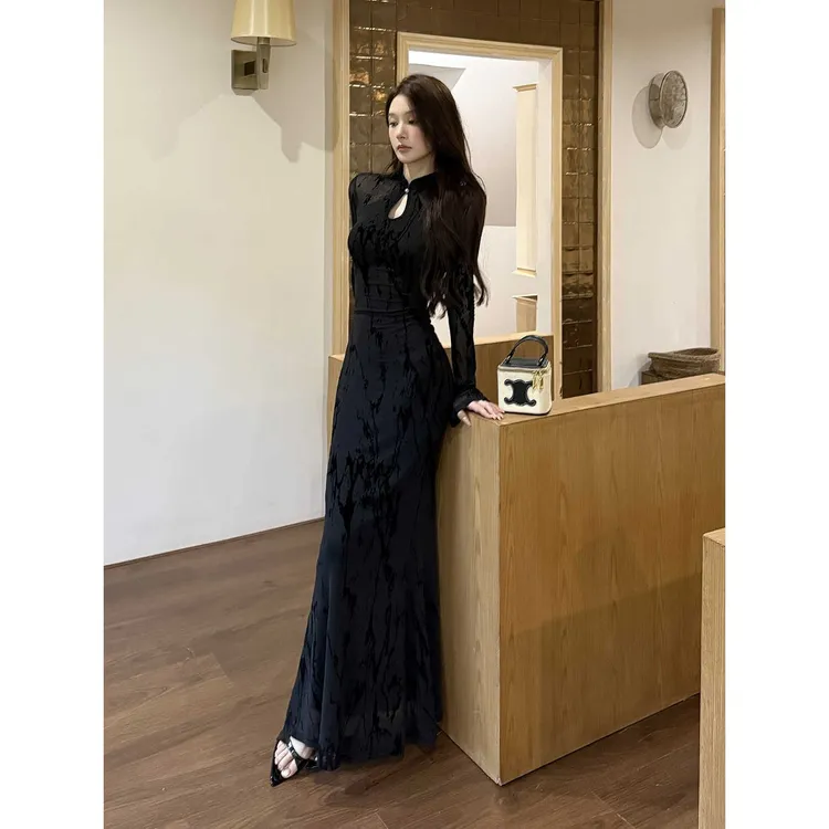 复古新中式网纱黑色改良旗袍女2025秋季新款性感修身包臀显瘦裙子