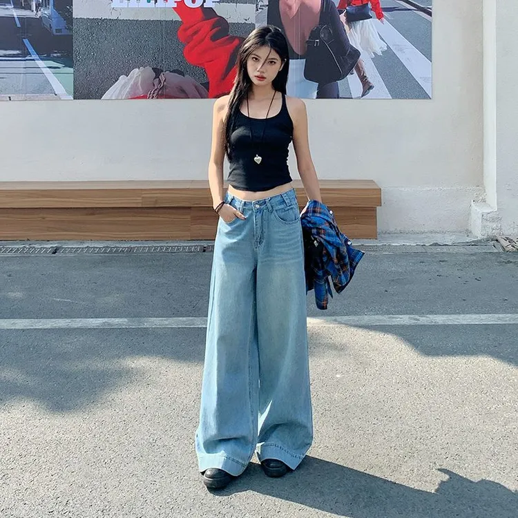 蓝色直筒牛仔裤女2025新款秋季小个子显瘦显高裤子宽松阔腿拖地裤