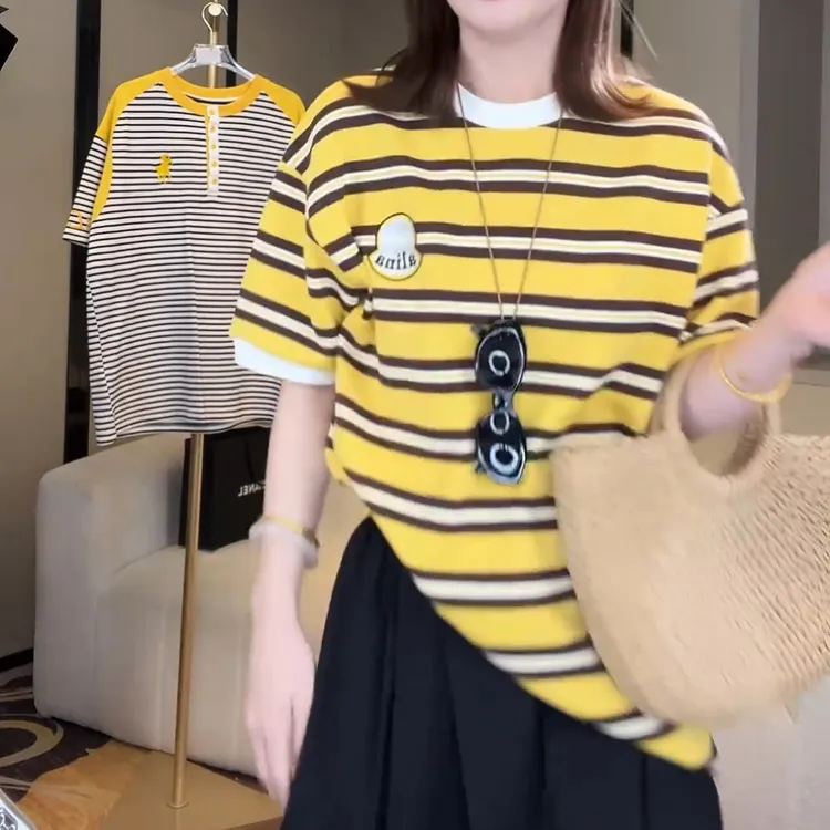 2025春夏新款拼色条纹宽松百搭短袖上衣美式复古T恤LK2502475