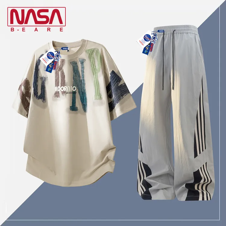 NASA联名美式潮牌时尚运动套装男夏季休闲短袖T恤百搭长裤两件套