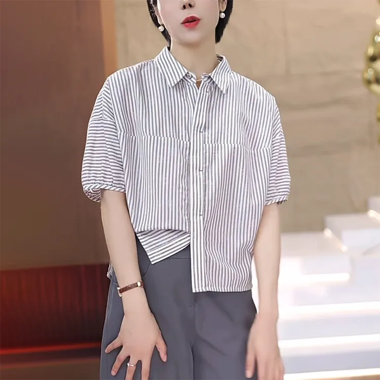 条纹翻领短袖衬衫女2025夏季时尚显瘦减龄收腰设计感开衫气质上衣