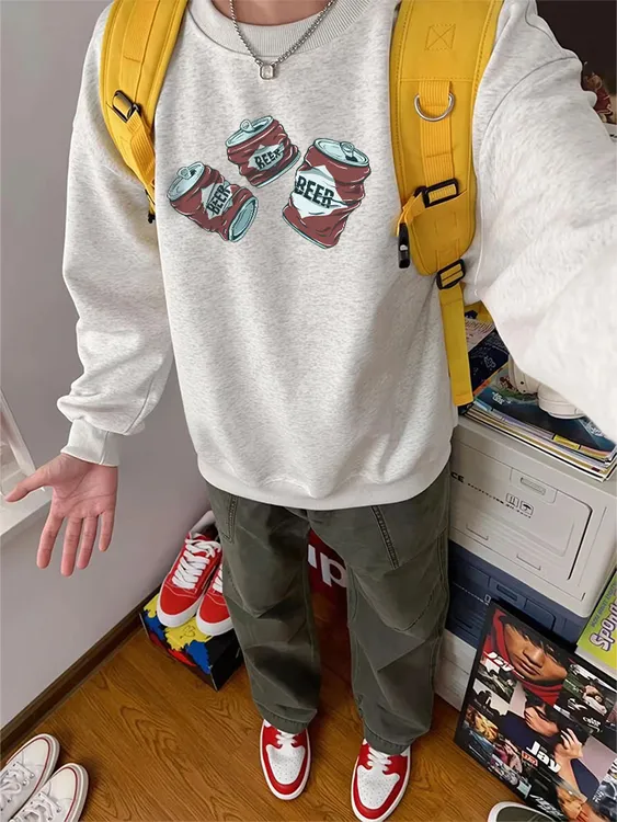 潮牌美式复古卫衣圆领男秋冬季加绒加厚宽松重磅2025新款套头上衣