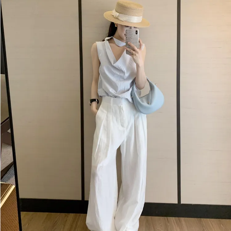 2025夏季新款法式气质荡领飘带无袖衬衫高级感上衣白色休闲裤套装