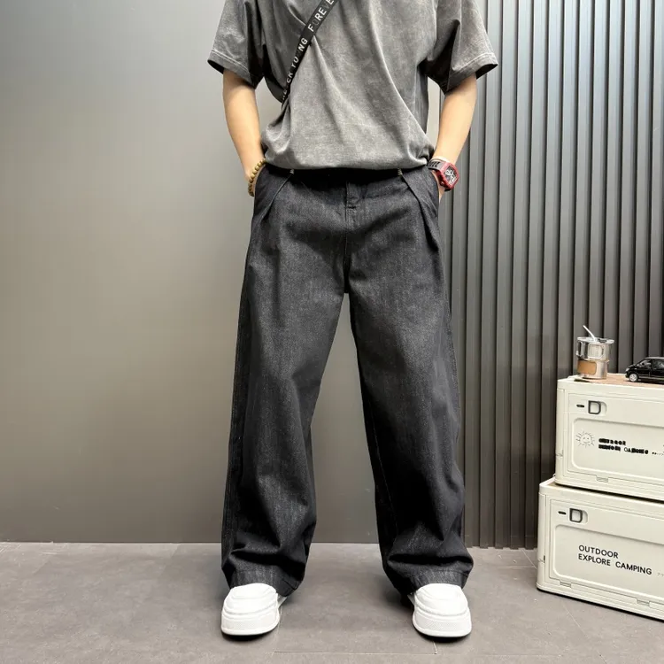 美式百搭休闲裤水洗做旧弯刀裤牛仔裤宽松显瘦垂感男款阔腿长裤子
