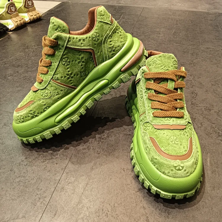 中跟厚底时尚休闲鞋潮鞋休闲帆布鞋白绿复古低帮黄色脏脏鞋