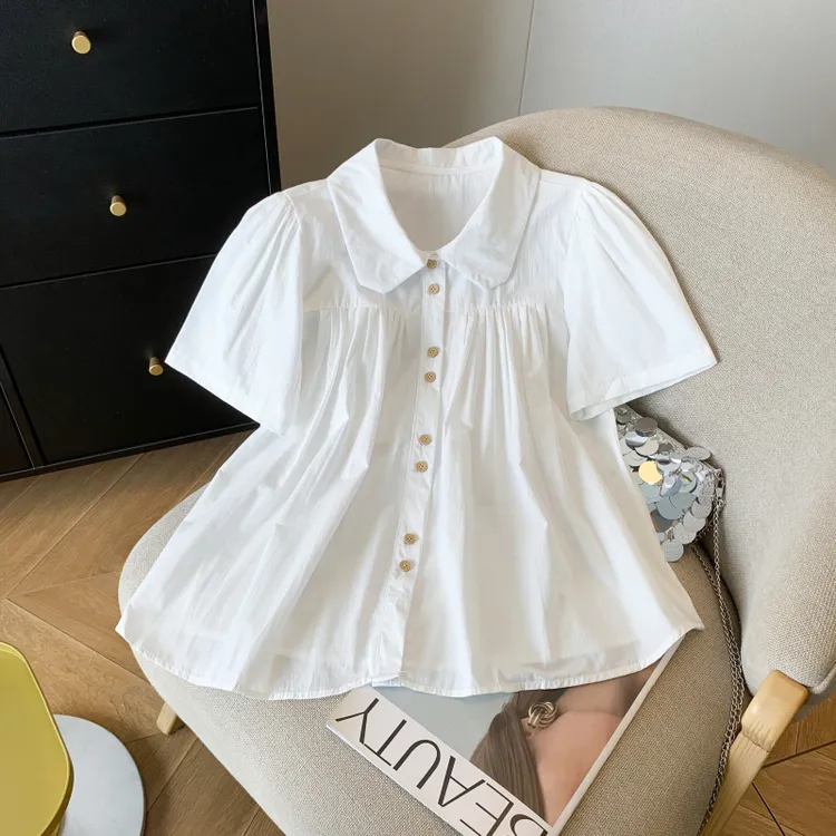 La Chapelle/拉夏贝尔娃娃领短袖衬衫女夏季短款学院风单排扣上衣