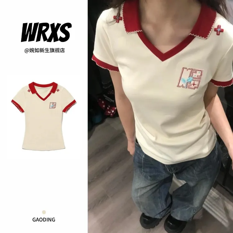 【婉如新生】美式刺绣撞色曲牙polo领衫翻边短袖t恤女夏季修身上衣