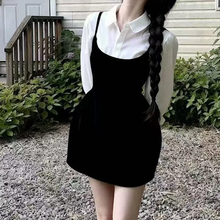 （大财主）大码温柔风套装白色POIO领长袖衬衫女秋冬复古丝绒吊带