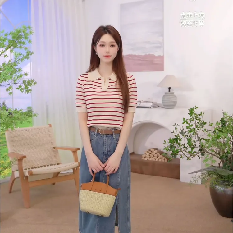 【高能感】茵曼秋季新款时尚百搭显瘦条纹独特漂亮小衫短袖针织衫