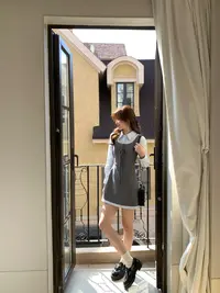 Even一雯【韩女教科书】韩系高智感假两件灰蓝撞色精致收腰连衣裙