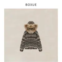 BOXUE“米拉”2025秋冬连帽貉子毛领异域图案轻奢 外套#250923W5121