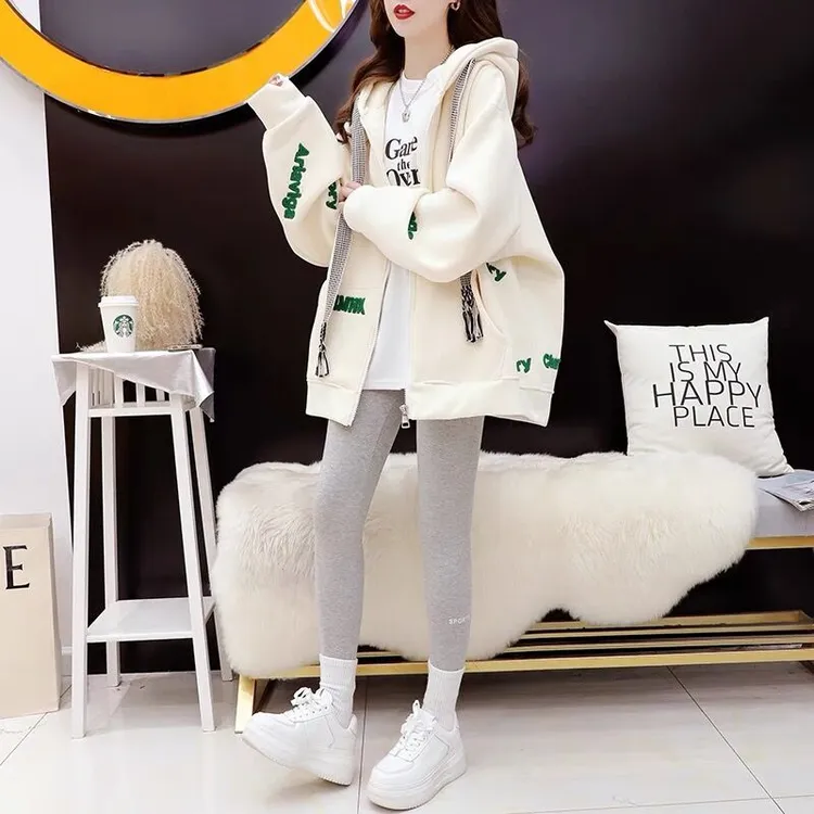 中长款韩版宽松大码女装胖mm休闲百搭刺绣字母连帽外套系带上衣服