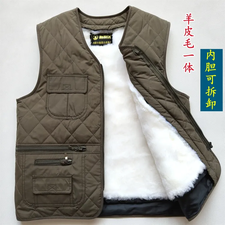 羊毛皮毛一体马甲男款100%真羊皮棉坎肩秋冬季中老年加厚保暖背心