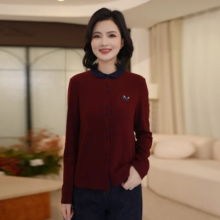 枫竺阿楠anan撞色娃娃领双面抓绒小马刺绣弹力衬衫女冬季打底衬衣