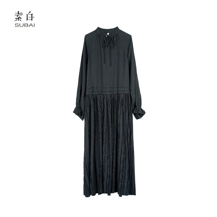 素白【弥野】新款亚麻高级感拼接剪花长袖长裙连衣裙SB2407LQ00005