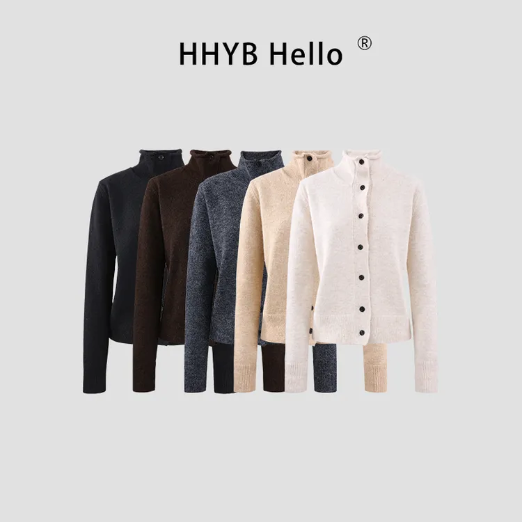 HHYB Hello排扣设计感卷边高领针织2025秋季新款毛衣开衫女M1449