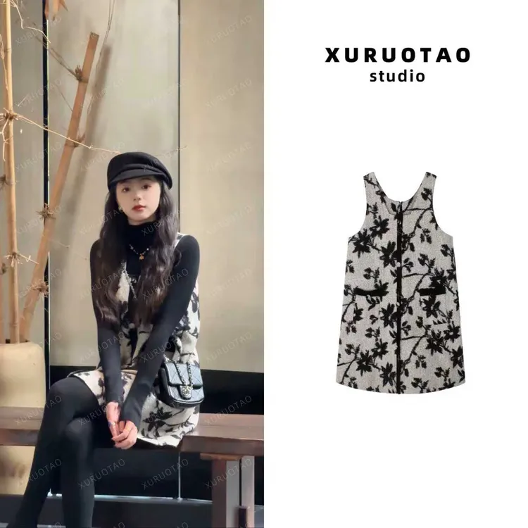 XURUOTAO【锦上花】醋酸新中式复古提花设计感水墨色连衣裙 T5730