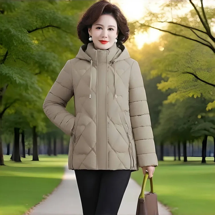 中老年女装中老年女士宽松帽子可拆卸棉袄冬季修身韩版时尚棉服