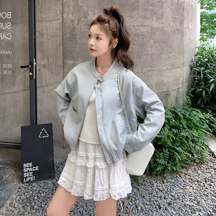 蓝色短款皮衣外套女2025年秋季新款韩系小个子超好看休闲圆领夹克