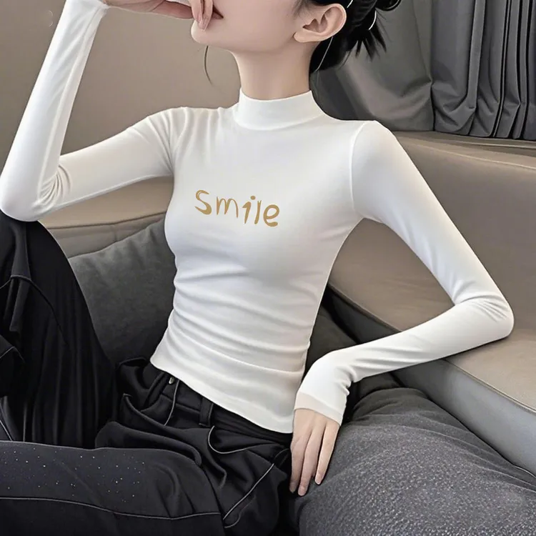 莫代尔半高领长袖打底衫女2025新款内搭黑色t恤薄款早秋上衣女装