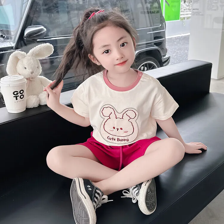 洋气儿童运动爆款衣服分体女童小童夏季新款小兔短袖两件套