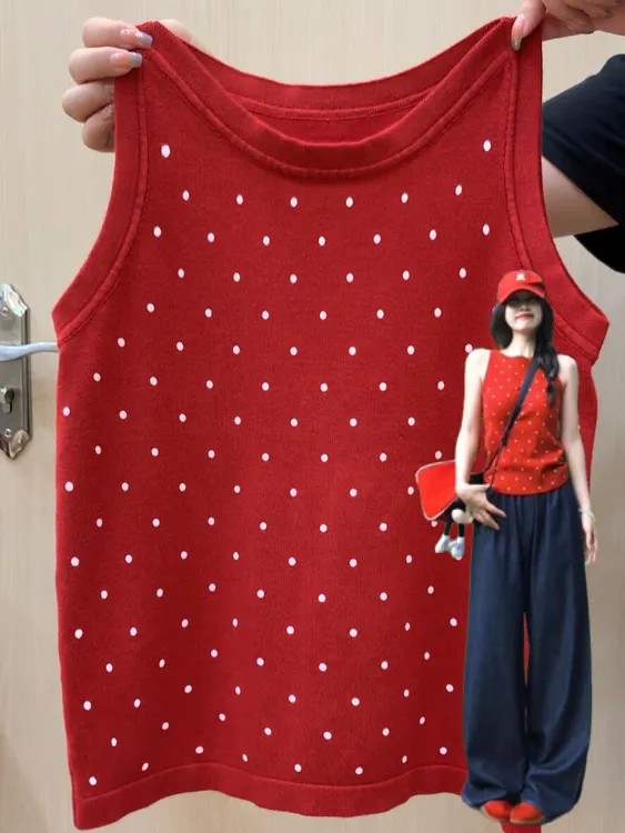 巨显白显瘦遮副乳复古的波点背心女夏外穿无袖针织衫上衣吊带潮