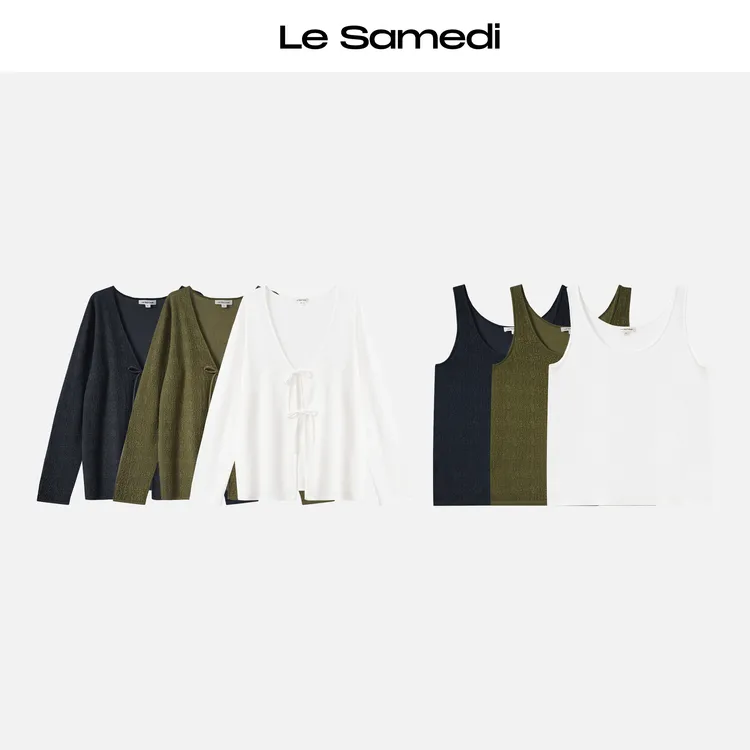 Le Samedi【沁夏竹节】 沙冰肌理醋酸 圆领宽肩背心/竹节系带披肩