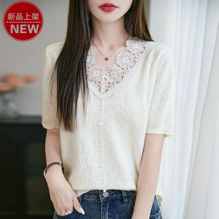 哥弟阿玛施正品时尚V领花边气质提花休闲百搭短袖钉珠套头针织衫