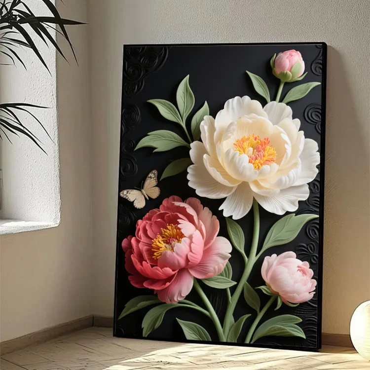 【浮雕牡丹】挂墙手工砂岩简约高档客厅装饰画挂画走廊玄关装饰画