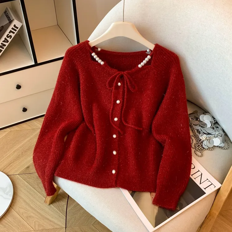 秋冬红色气质高级感珍珠系带毛衣开衫宽松显瘦软糯百搭设计感外套