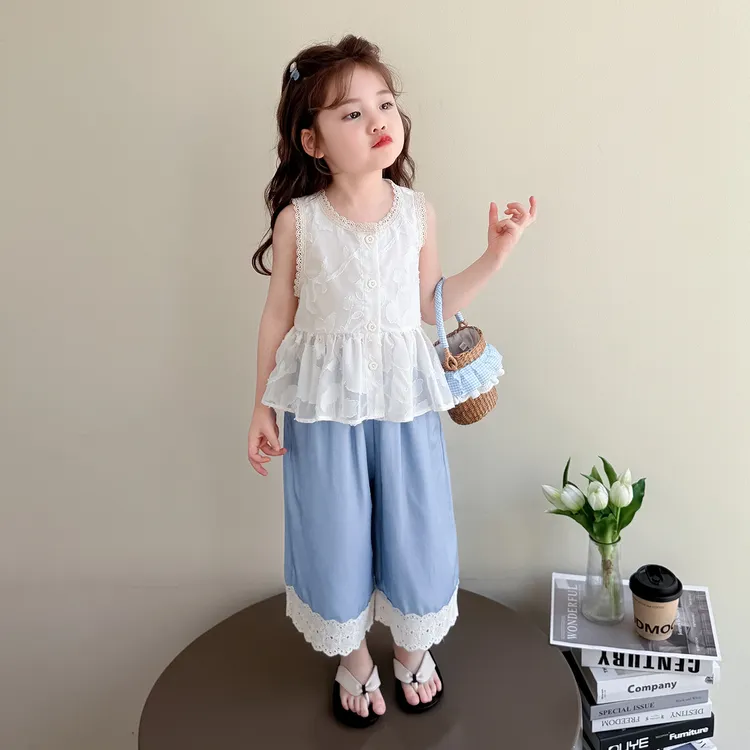 儿童夏装洋气女宝宝蕾丝无袖套装新款女童背心阔腿裤两件套小女孩