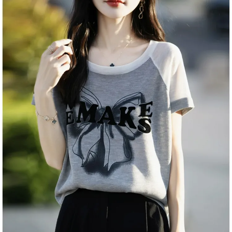 夏季新款竹节麻蝴蝶结印花拼色时尚修身短袖上衣宽松洋气半袖打底